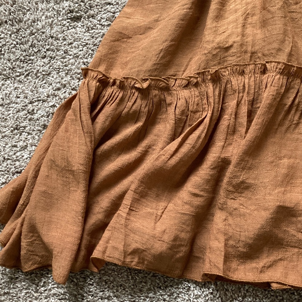 Copper Brown Open Back Strappy Boho Babydoll Tiered Ruffle Hem Boho dress sz S - Picture 6 of 10